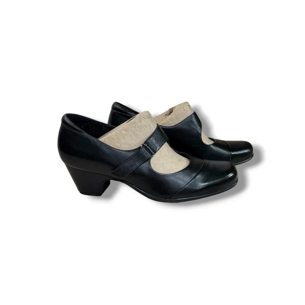 Clarks Artisan Sugar Palm Black Leather Mary Jane Block Heel Pumps 9.5W 26102221